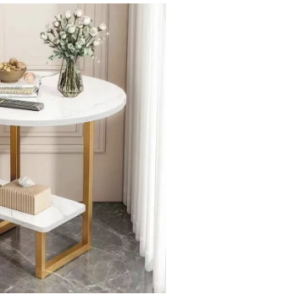 Stylish round wood coffee table with distressed finish and storage gold white  (800D)
